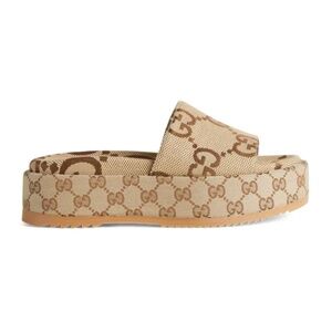 Gucci Platform Slide Sandal, Camel and Ebony maxi GG canvas, Size: 37 = 7 US